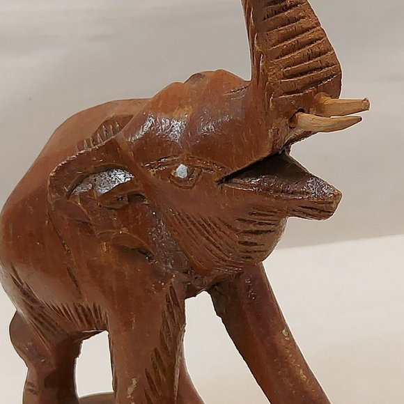 Vintage Hand Carved Teak Wood Asian Elephant Trunks Up Figurine 5.5" tall - Picture 10 of 12